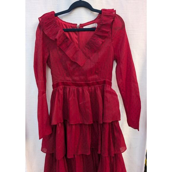Rachel Parcell Womens Ruffle Tiered Midi Dress Sz 6 Bergundy Polka Dot Romantic - Picture 2 of 6